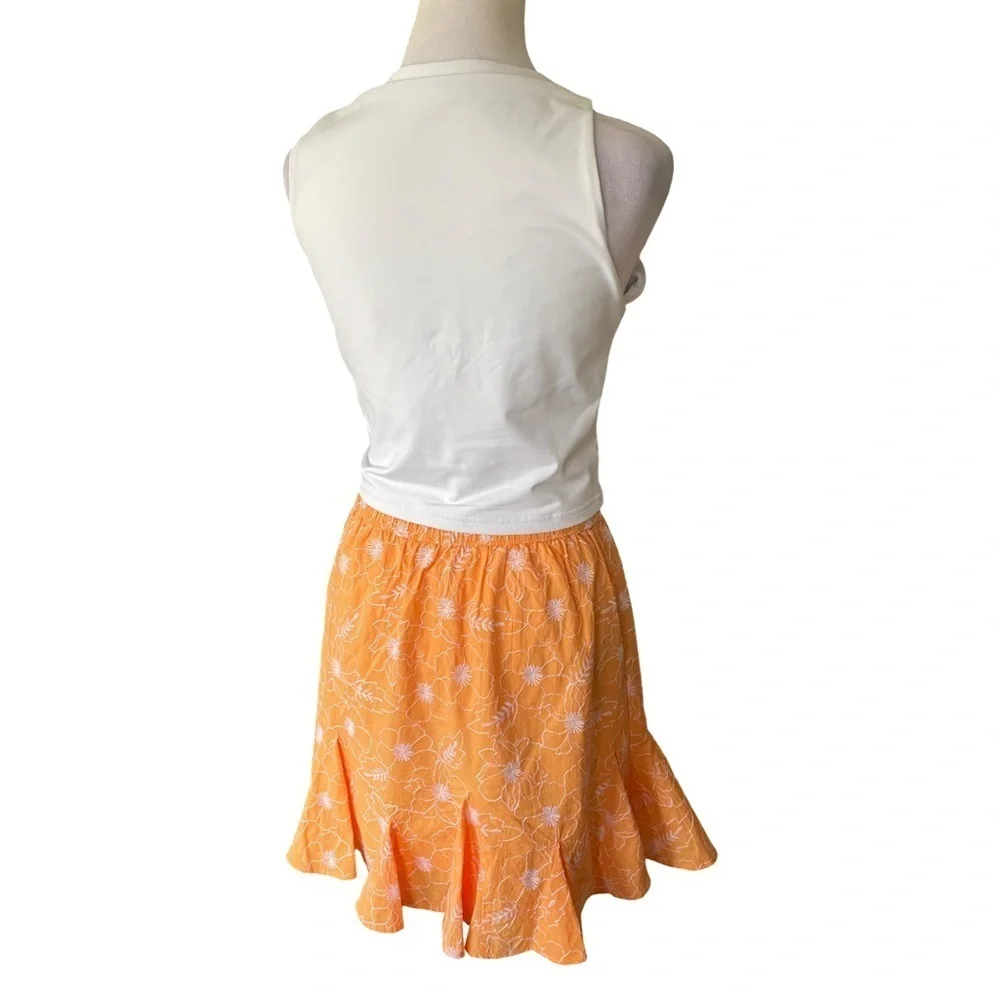 LOFT Garden Tangerine Orange and White Embroidered Godet Skirt Size Small